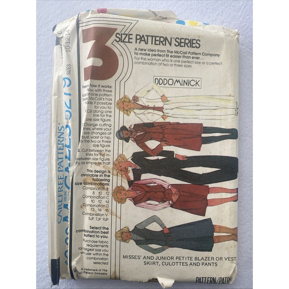 #5279 McCalls DDDominick Blazer Jacket Vest Pants Skirt Pattern 10-14 UNCUT 70s